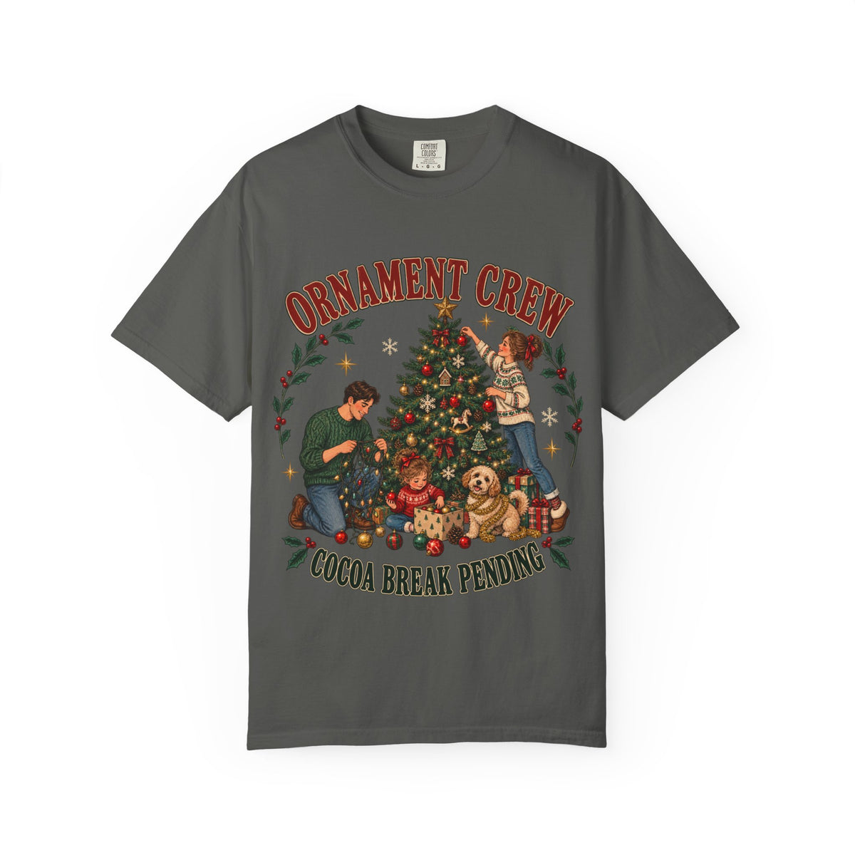Ornament Crew Christmas Tree scene T-shirt | Cocoa Break Pending, family holiday tee