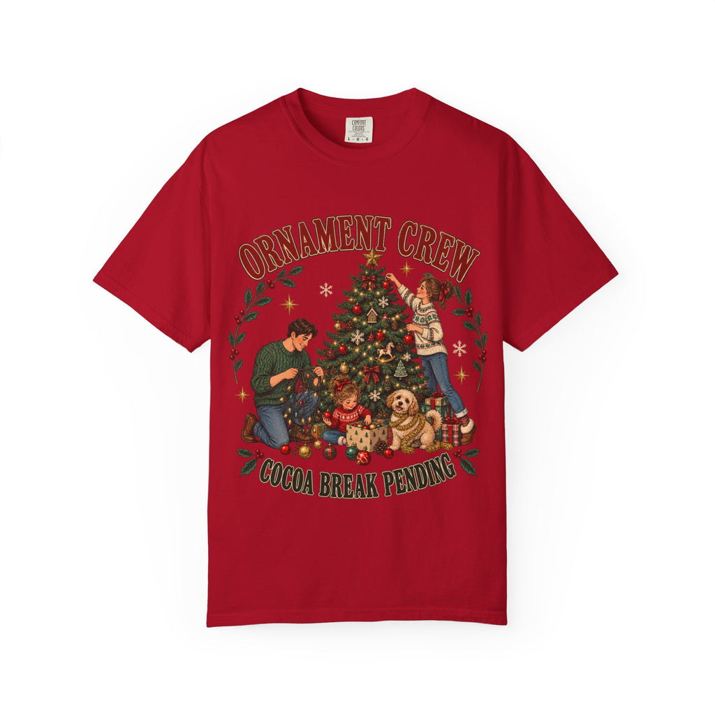 Ornament Crew Christmas Tree scene T-shirt | Cocoa Break Pending, family holiday tee