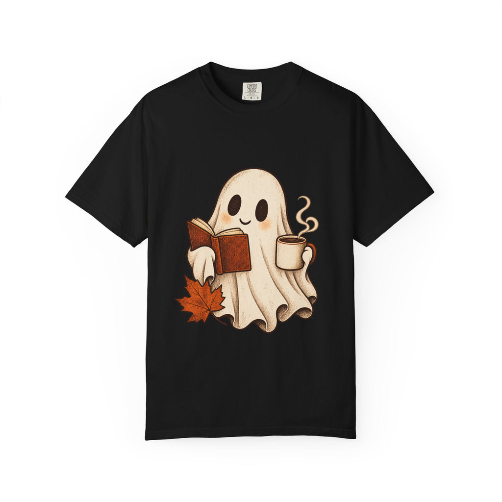 Antrezil Cozy Reading Ghost Illustration T-shirt | Autumn Book Coffee,