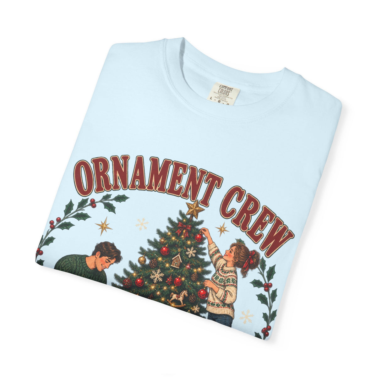 Ornament Crew Christmas Tree scene T-shirt | Cocoa Break Pending, family holiday tee