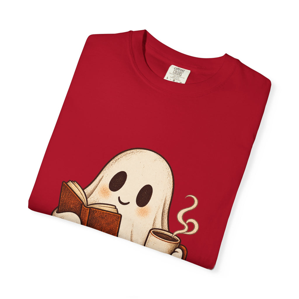 Antrezil Cozy Reading Ghost Illustration T-shirt | Autumn Book Coffee,