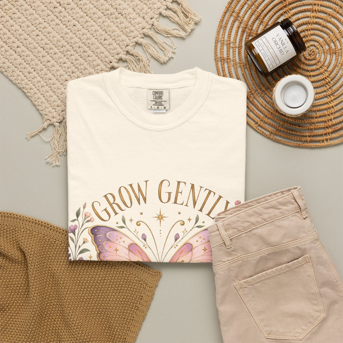 Grow Gently Bloom Brightly Butterfly Floral T-Shirt made-to-order Cotton