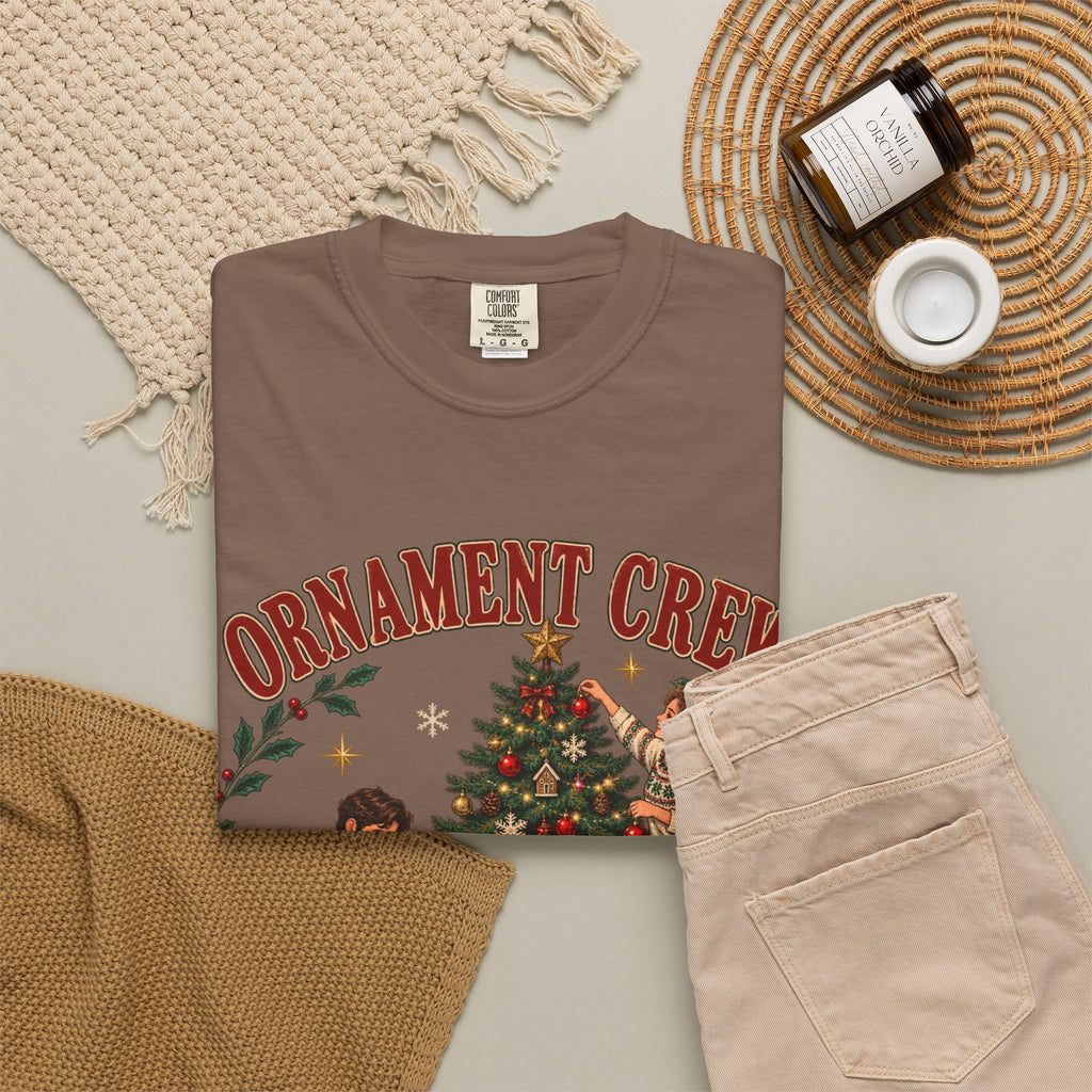 Ornament Crew Christmas Tree scene T-shirt | Cocoa Break Pending, family holiday tee