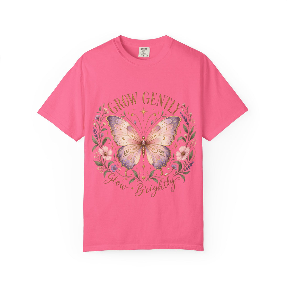 Grow Gently Bloom Brightly Butterfly Floral T-Shirt made-to-order Cotton