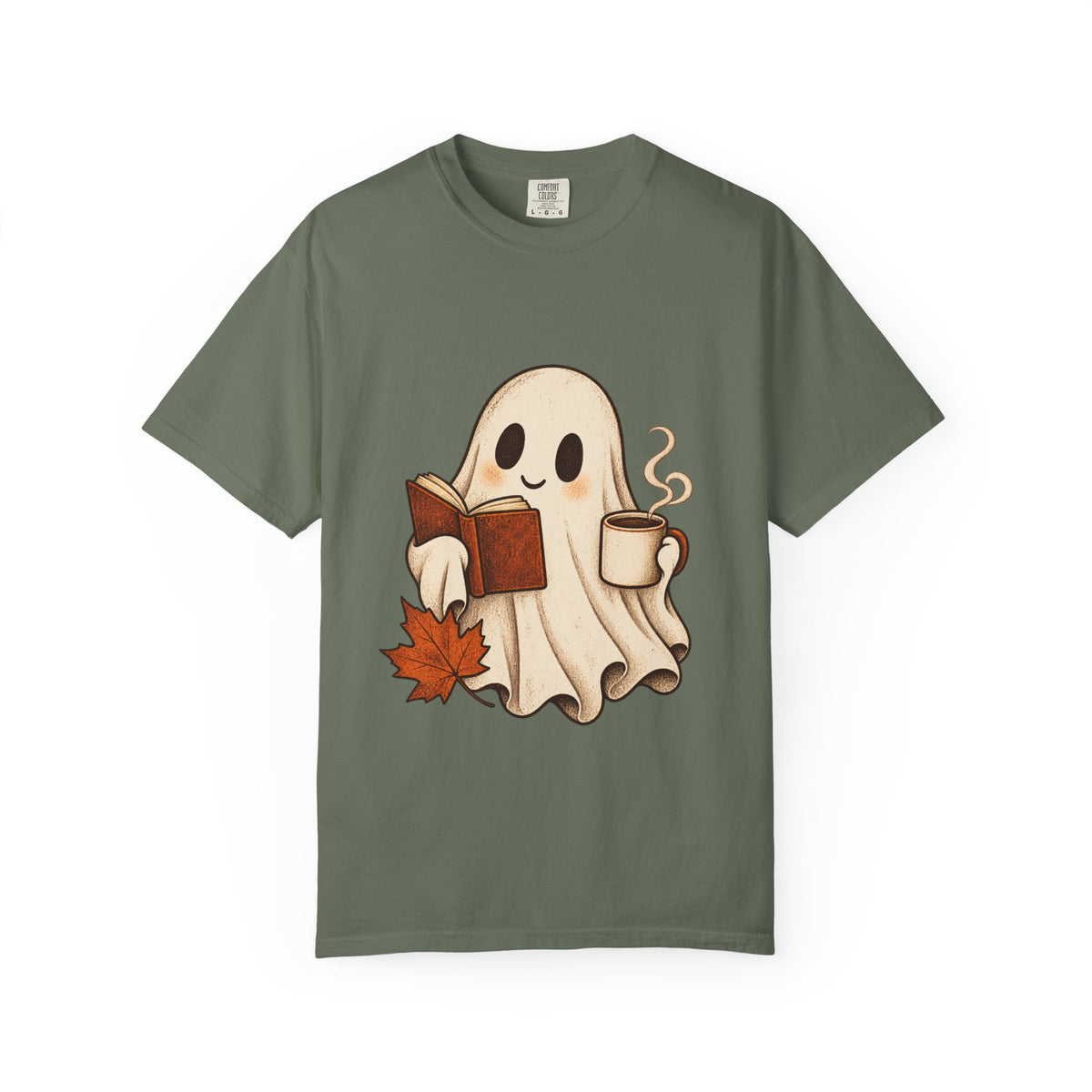 Antrezil Cozy Reading Ghost Illustration T-shirt | Autumn Book Coffee,