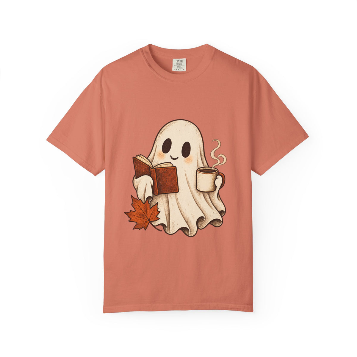 Antrezil Cozy Reading Ghost Illustration T-shirt | Autumn Book Coffee,