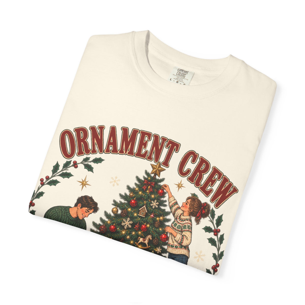 Ornament Crew Christmas Tree scene T-shirt | Cocoa Break Pending, family holiday tee