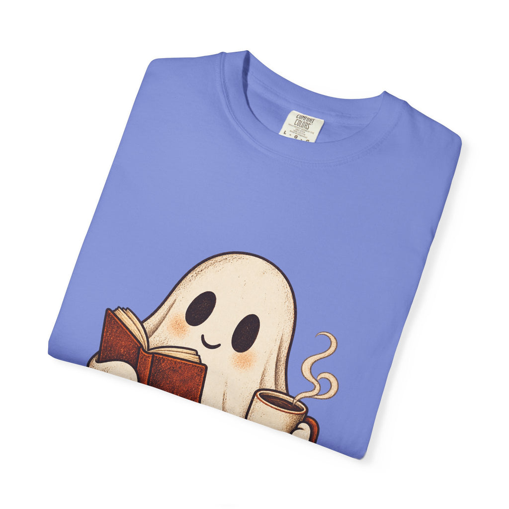 Antrezil Cozy Reading Ghost Illustration T-shirt | Autumn Book Coffee,