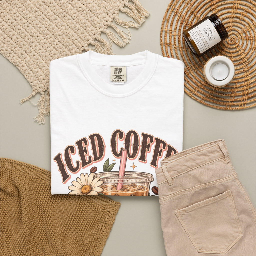 Iced Coffee Glass with Daisies T-shirt | Cute Coffee Illustration