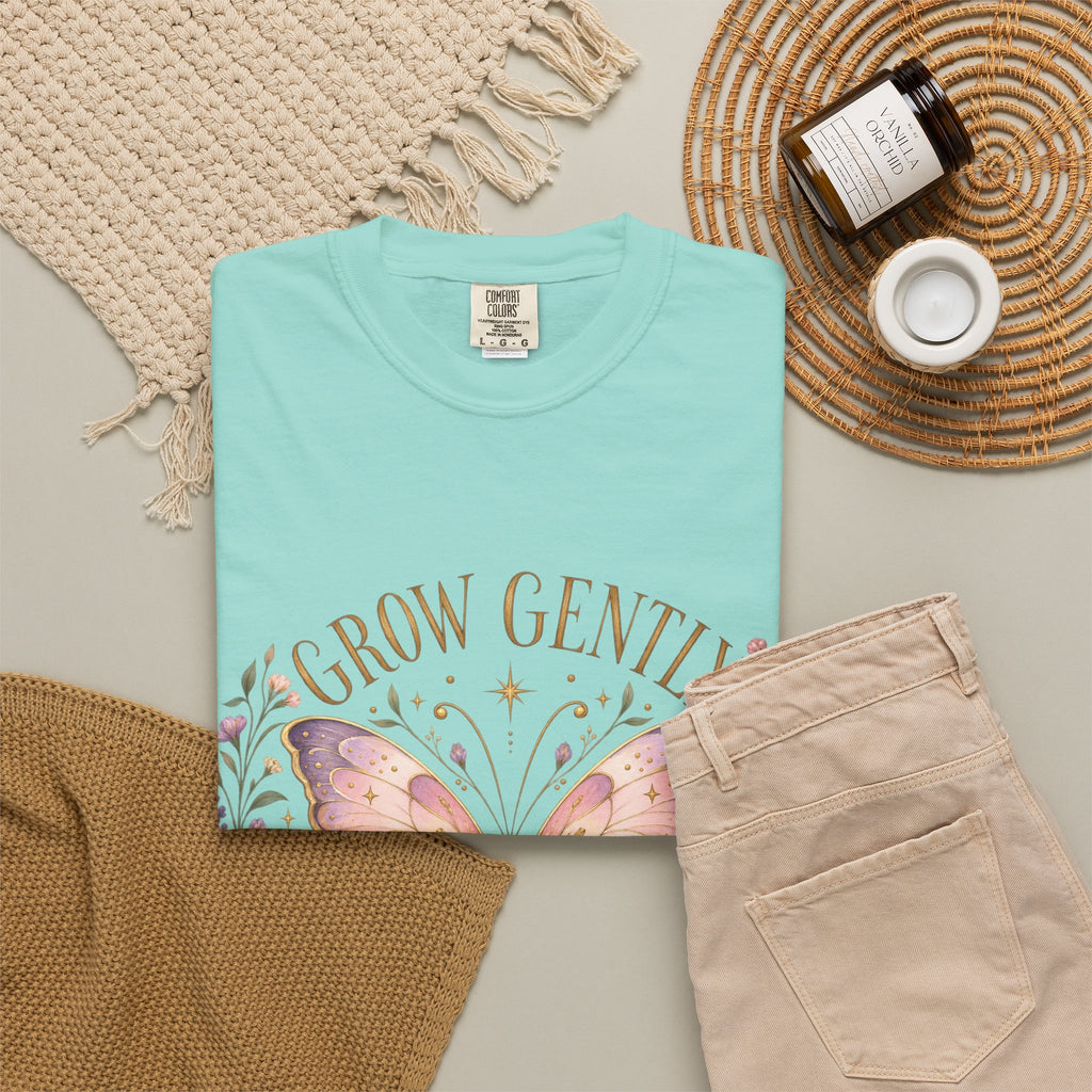 Grow Gently Bloom Brightly Butterfly Floral T-Shirt made-to-order Cotton