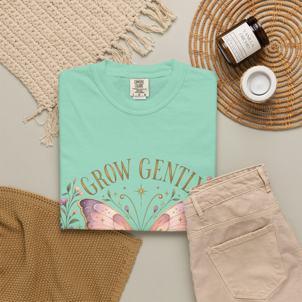 Grow Gently Bloom Brightly Butterfly Floral T-Shirt made-to-order Cotton