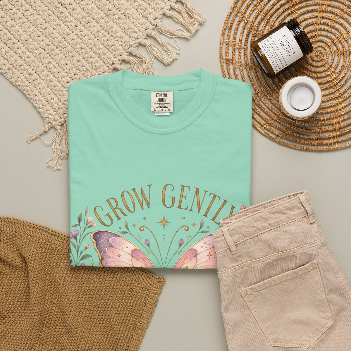 Grow Gently Bloom Brightly Butterfly Floral T-Shirt made-to-order Cotton