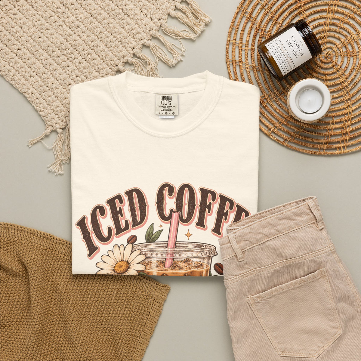 Iced Coffee Glass with Daisies T-shirt | Cute Coffee Illustration