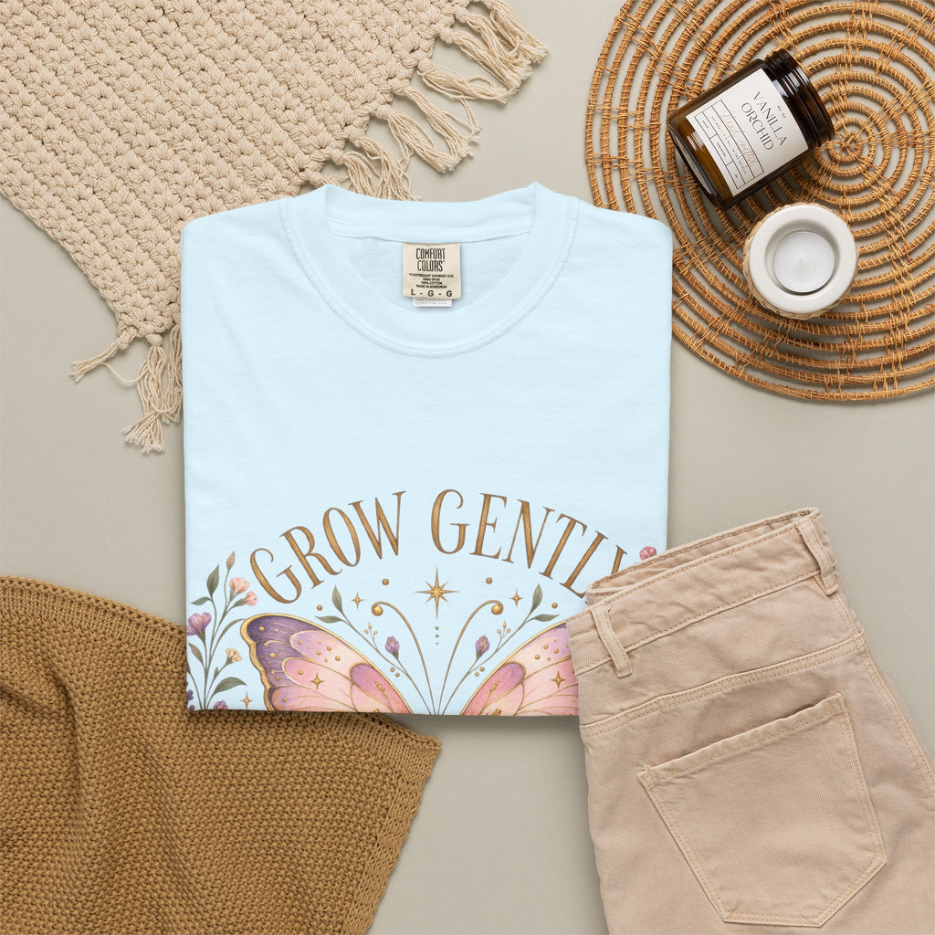 Grow Gently Bloom Brightly Butterfly Floral T-Shirt made-to-order Cotton