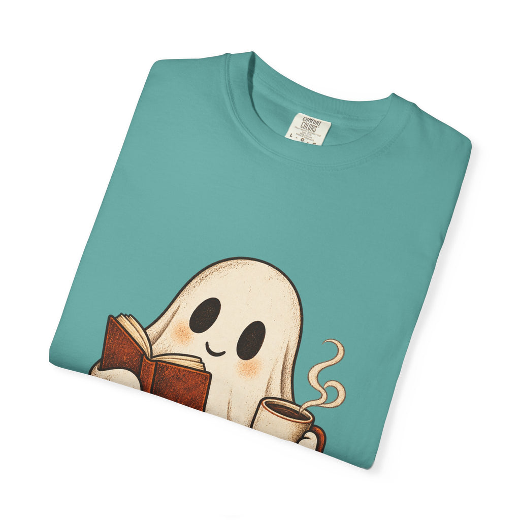 Antrezil Cozy Reading Ghost Illustration T-shirt | Autumn Book Coffee,