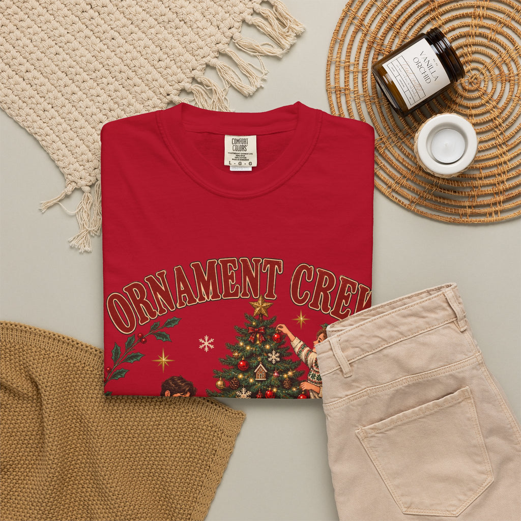 Ornament Crew Christmas Tree scene T-shirt | Cocoa Break Pending, family holiday tee