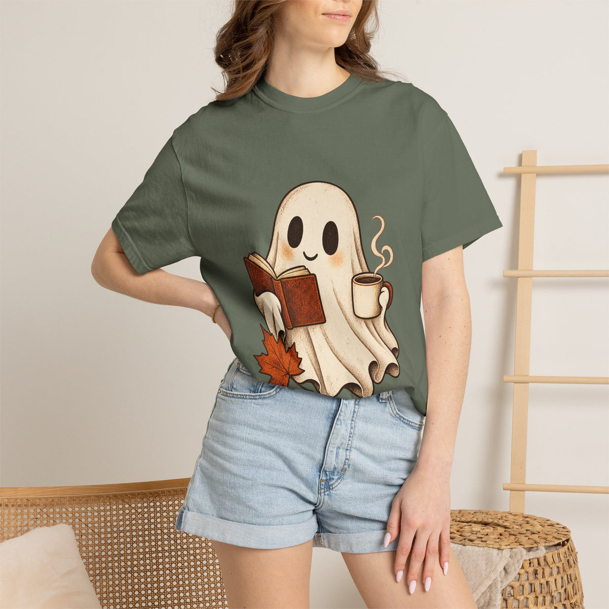 Antrezil Cozy Reading Ghost Illustration T-shirt | Autumn Book Coffee,