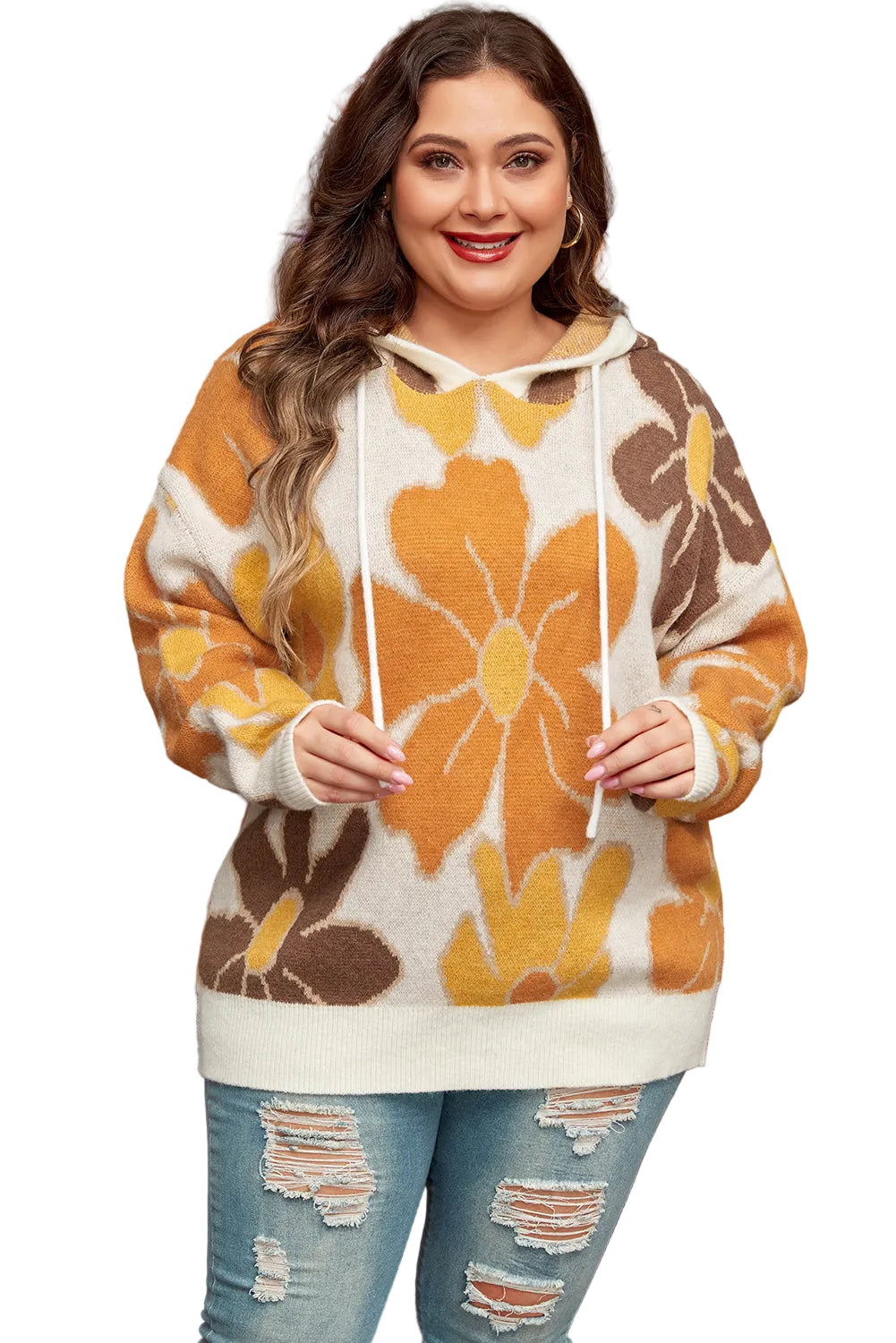 White Large Flower Knitted Drawstring Hooded Plus Size Sweater