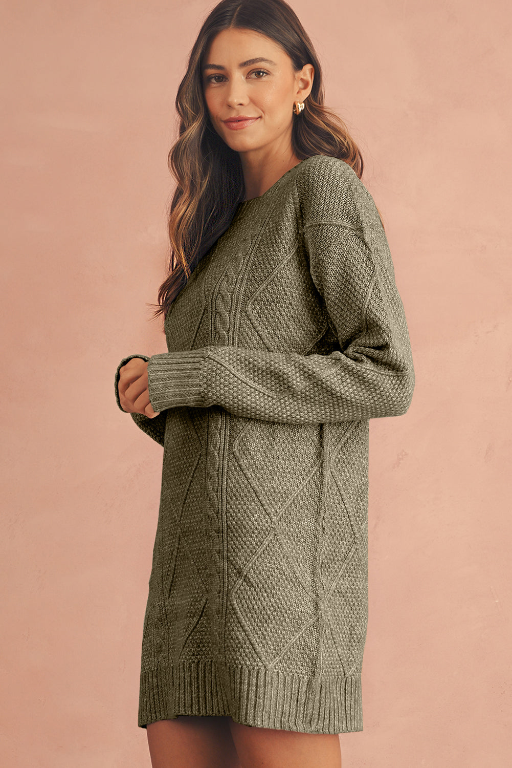 Mist Green Twist Cable Knit Drop Shoulder Loose Fit Sweater Dress