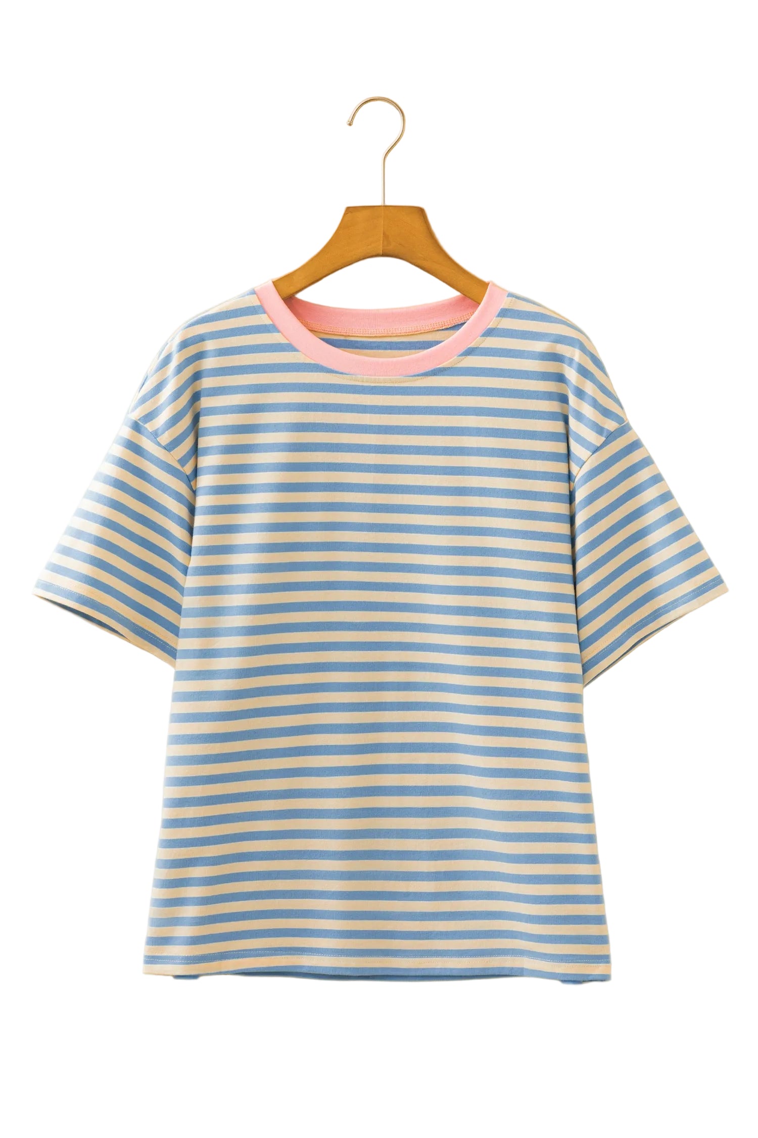 Sky Blue Stripe Contrast Crew Neck Drop Shoulder Loose Tee