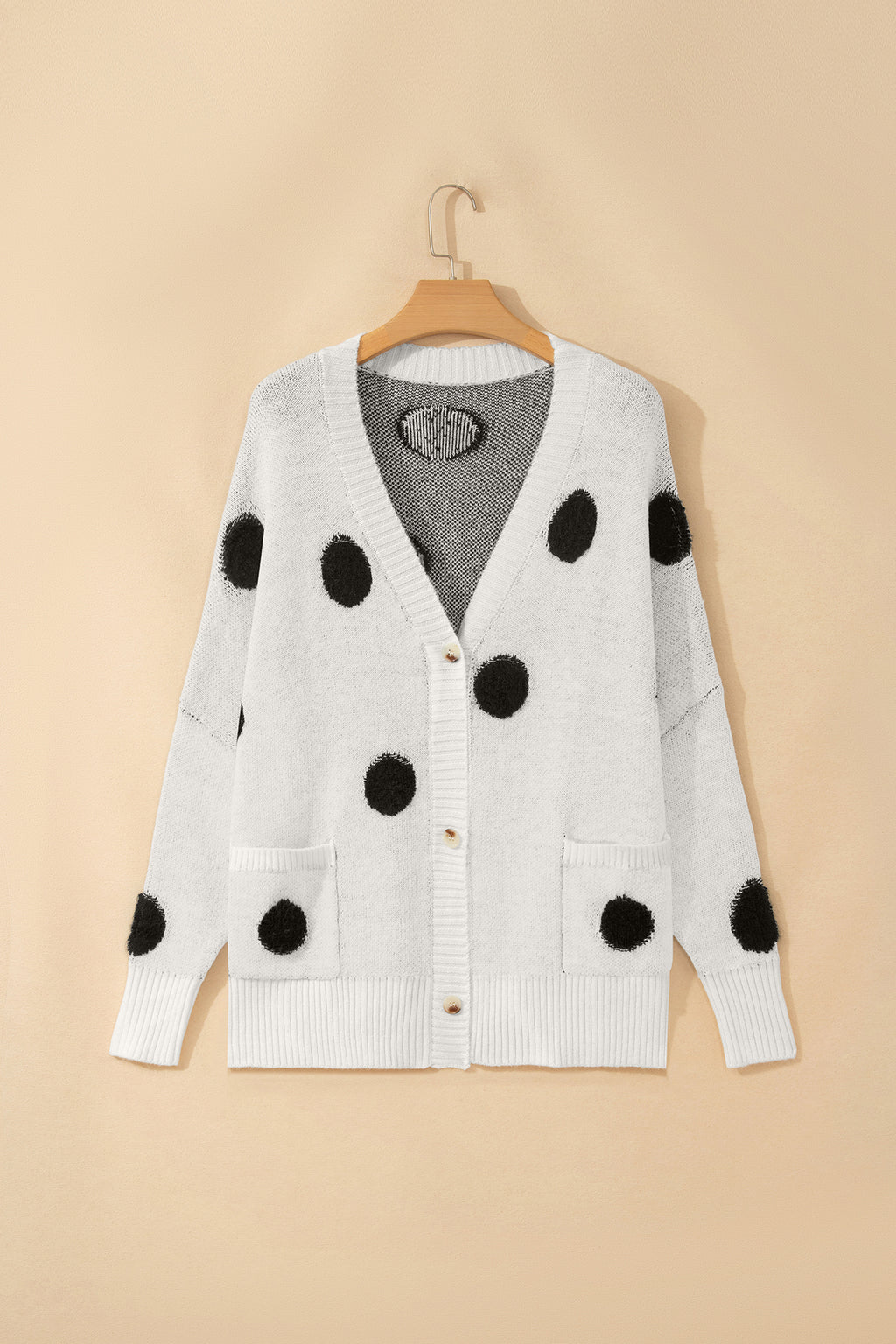 Red Polka Dot Button Front Oversized V Neck Cardigan