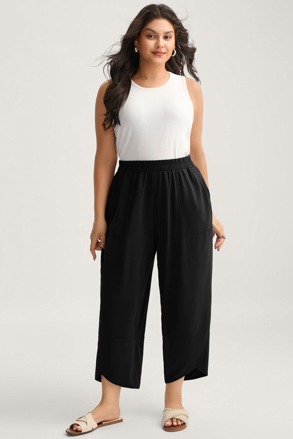 Sail Blue Plus Size Elastic Waist Asymmetrical Hem Loose Capris Pants