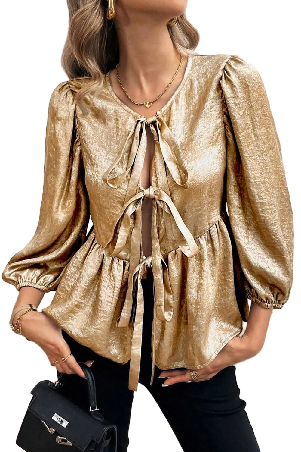 Gold Bow Tie Front Puff 3/4 Sleeve Ruffle Hem Blouse