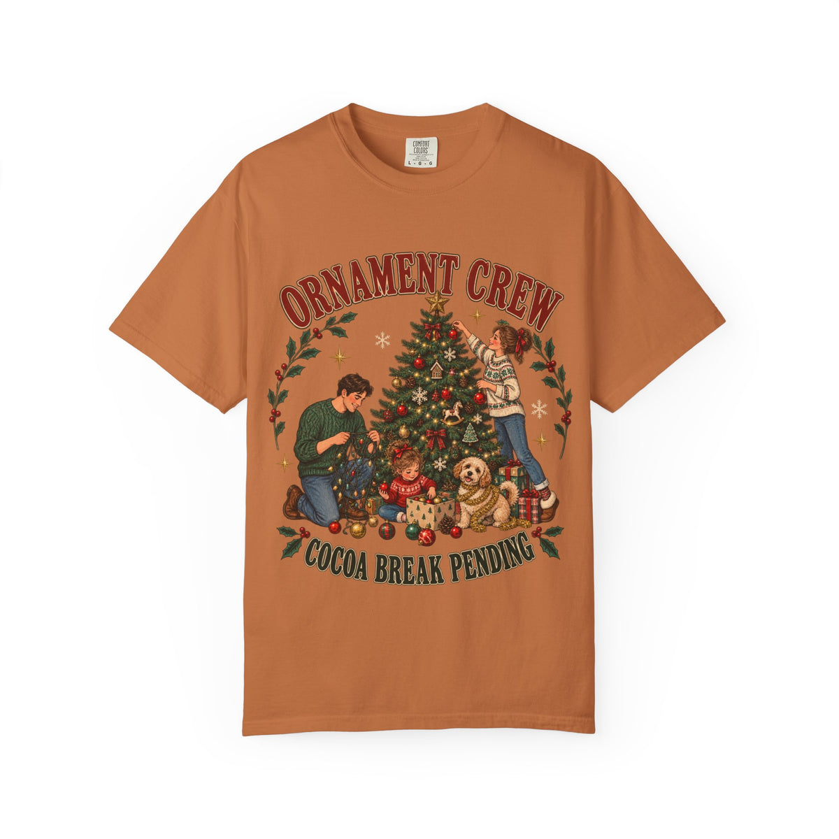 Ornament Crew Christmas Tree scene T-shirt | Cocoa Break Pending, family holiday tee