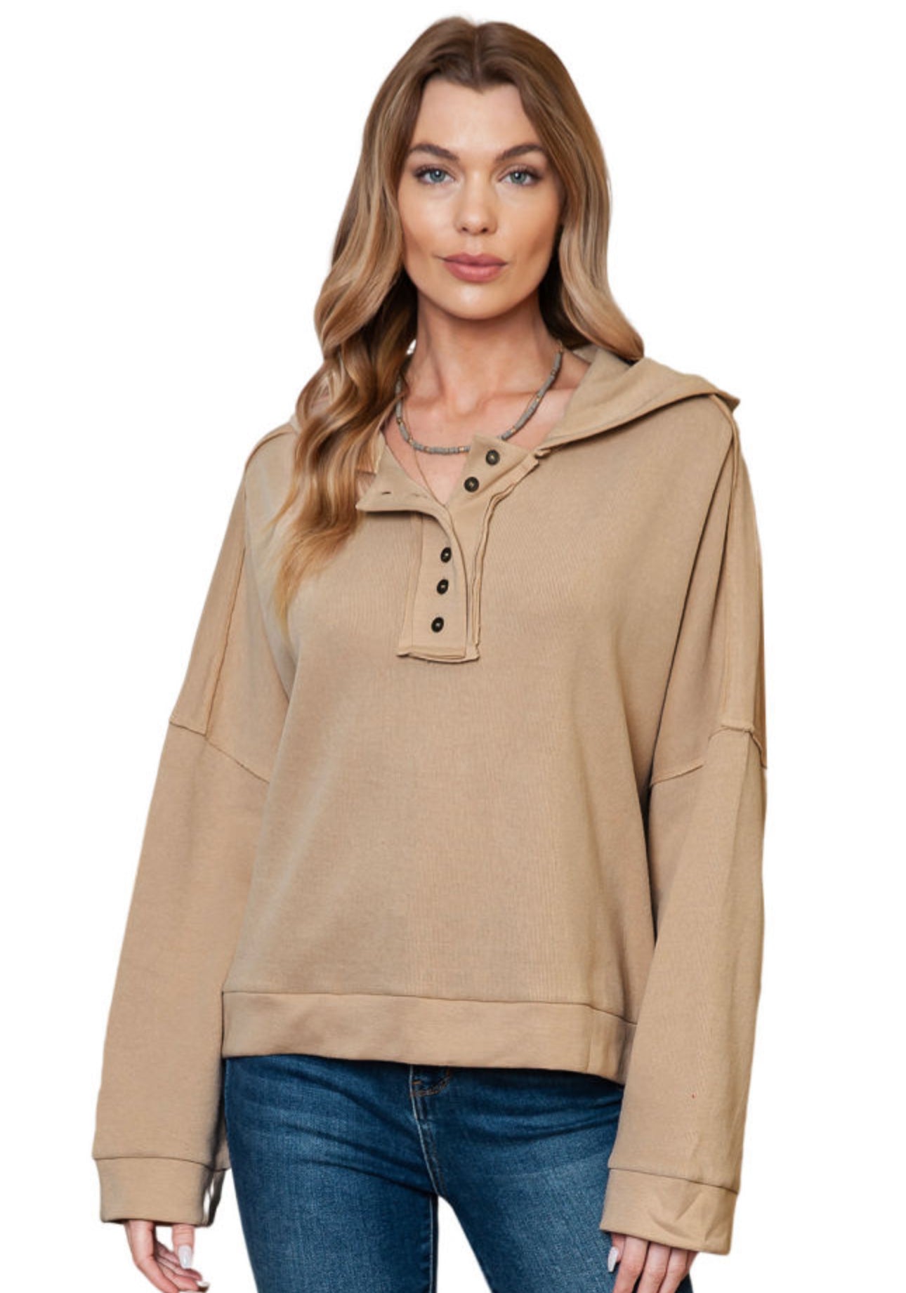 Khaki Casual Hoodie - Long Sleeve Button Seam Trim Solid Color Hooded Sweatshirt for Everyday Wear