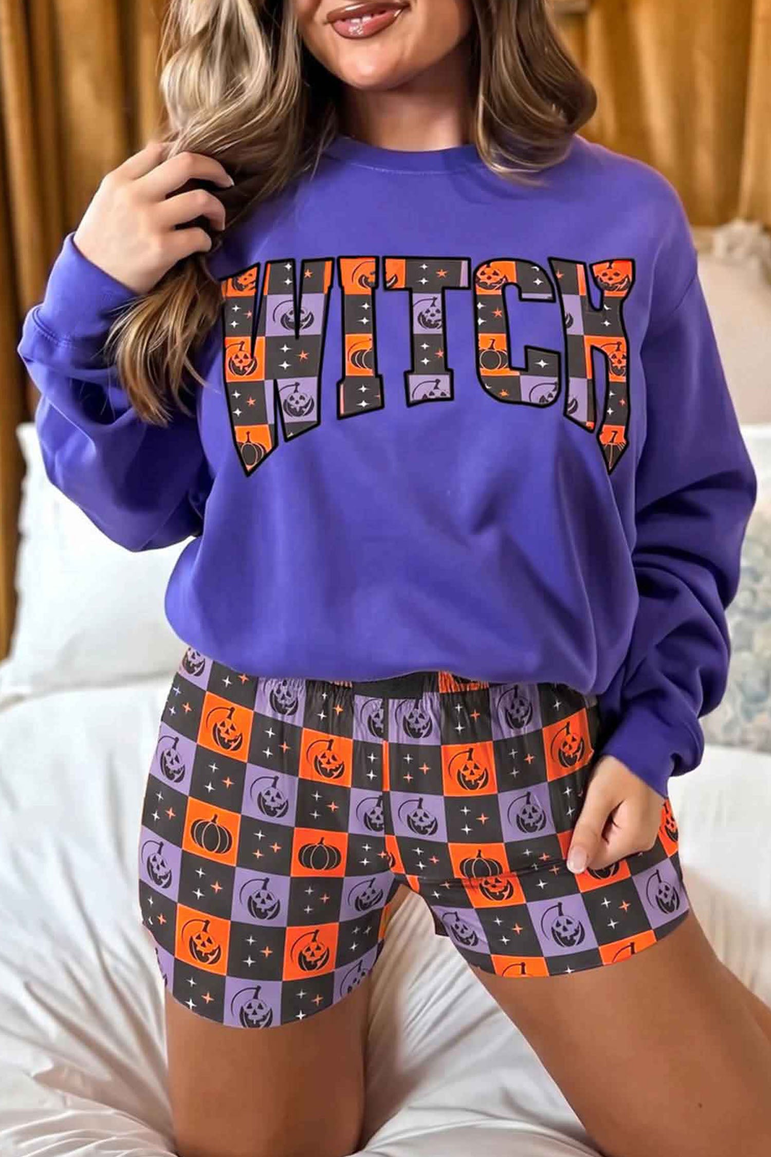 Orange Witch Letter Print Long Sleeve Top Checkered Elastic Waist Shorts Set