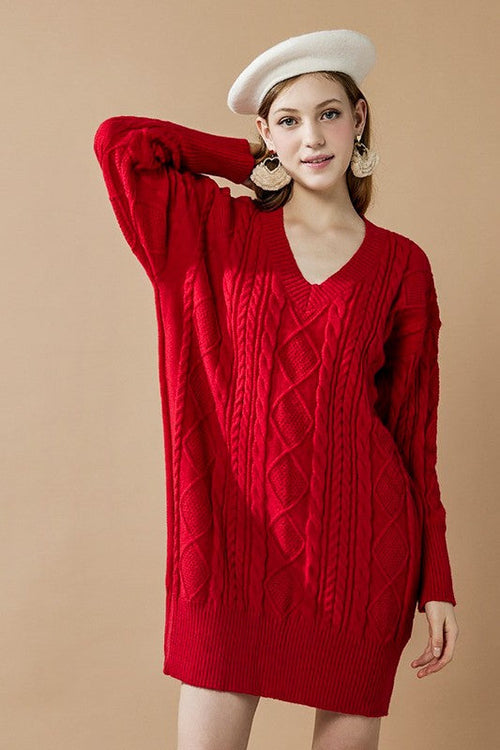 V-Neck Ribbed Hem Cable Knit Sweater Dress