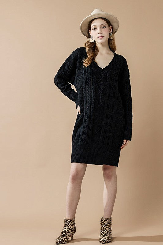 V-Neck Ribbed Hem Cable Knit Sweater Dress