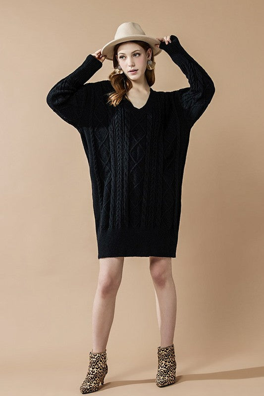 V-Neck Ribbed Hem Cable Knit Sweater Dress
