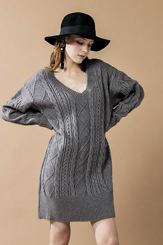 V-Neck Ribbed Hem Cable Knit Sweater Dress