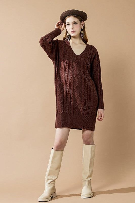 V-Neck Ribbed Hem Cable Knit Sweater Dress