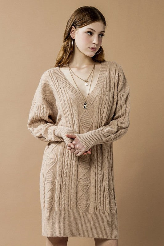 V-Neck Ribbed Hem Cable Knit Sweater Dress