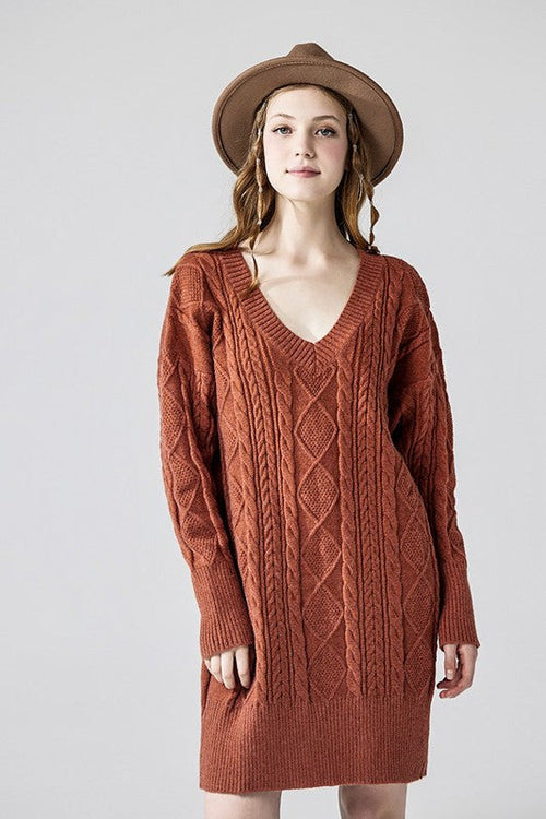 V-Neck Ribbed Hem Cable Knit Sweater Dress