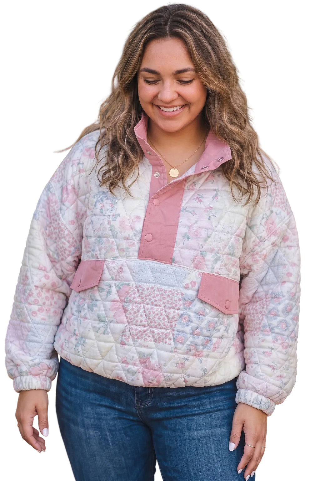 Pink Floral Quilted V-Neck Plus Size Fake Pocket Sweatshirt