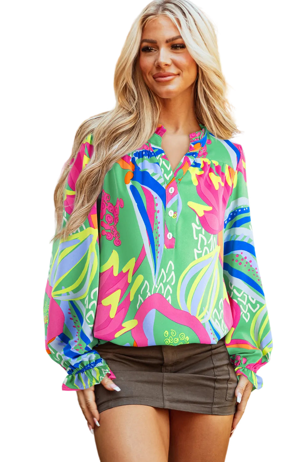 Green Abstract Print Ruffled Sleeve Buttoned V Neck Blouse