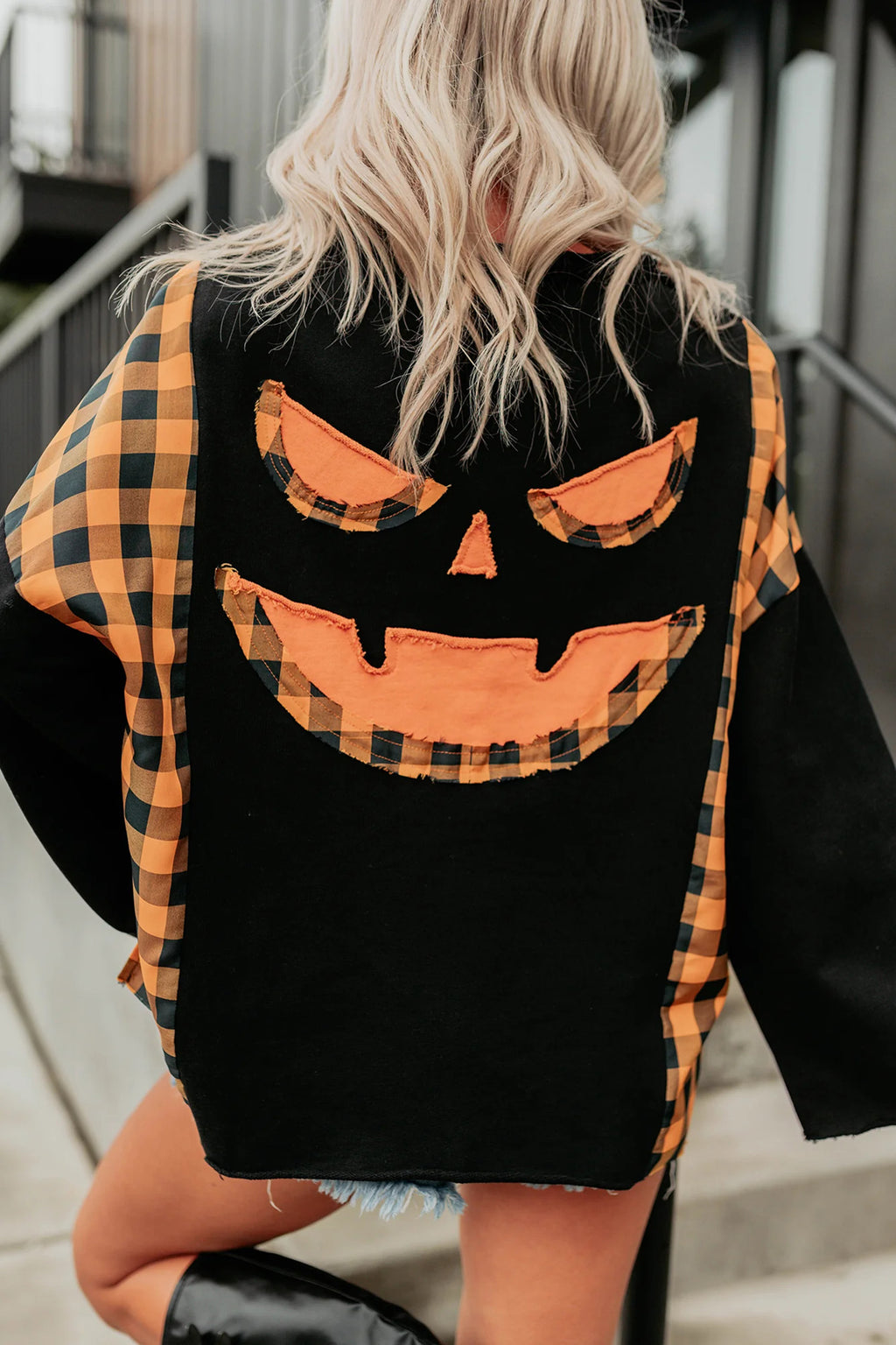 Black Patchwork Plaid Pumpkin Face Long Sleeve Top