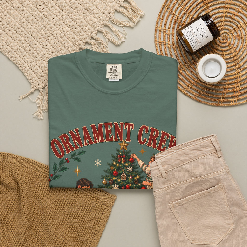Ornament Crew Christmas Tree scene T-shirt | Cocoa Break Pending, family holiday tee