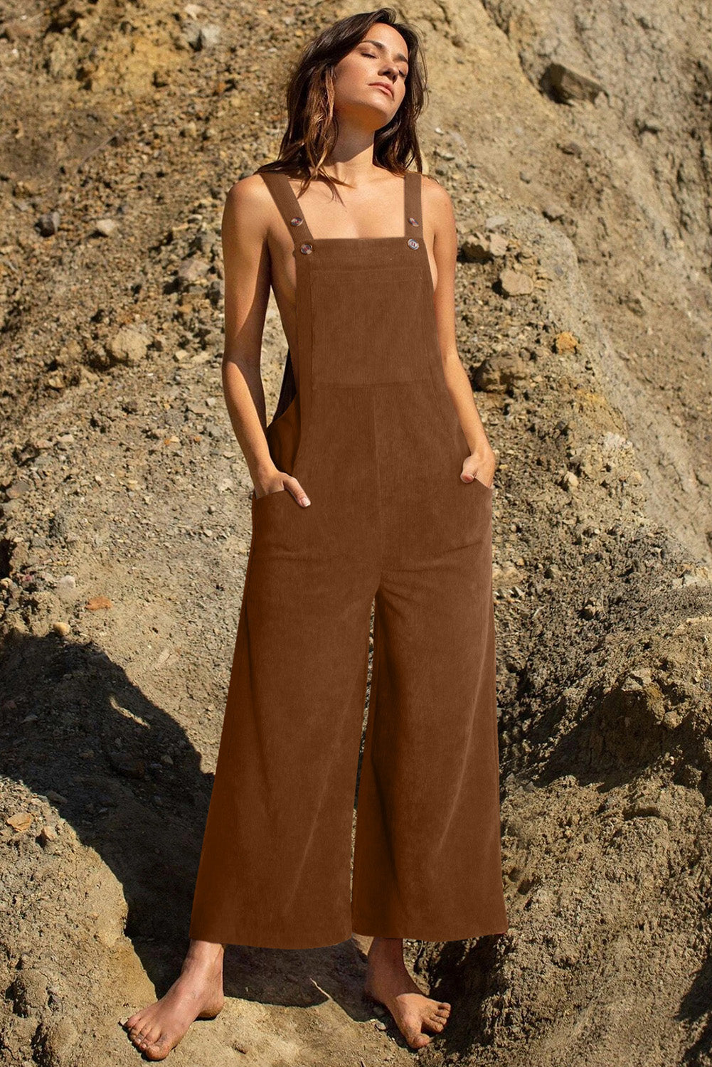 Brown Solid Color Corduroy Wide Leg Bib Overalls
