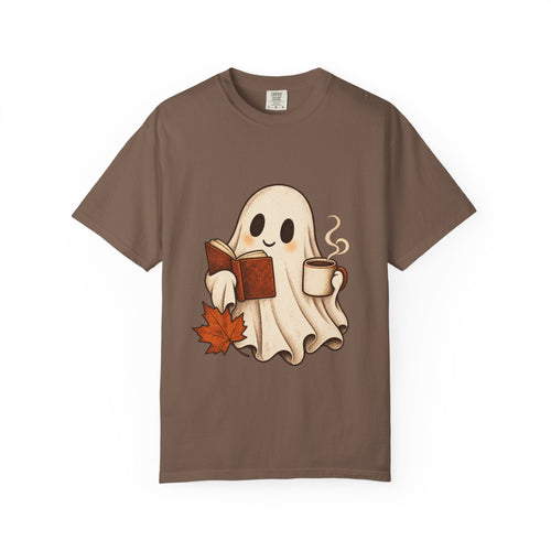 Antrezil Cozy Reading Ghost Illustration T-shirt | Autumn Book Coffee,