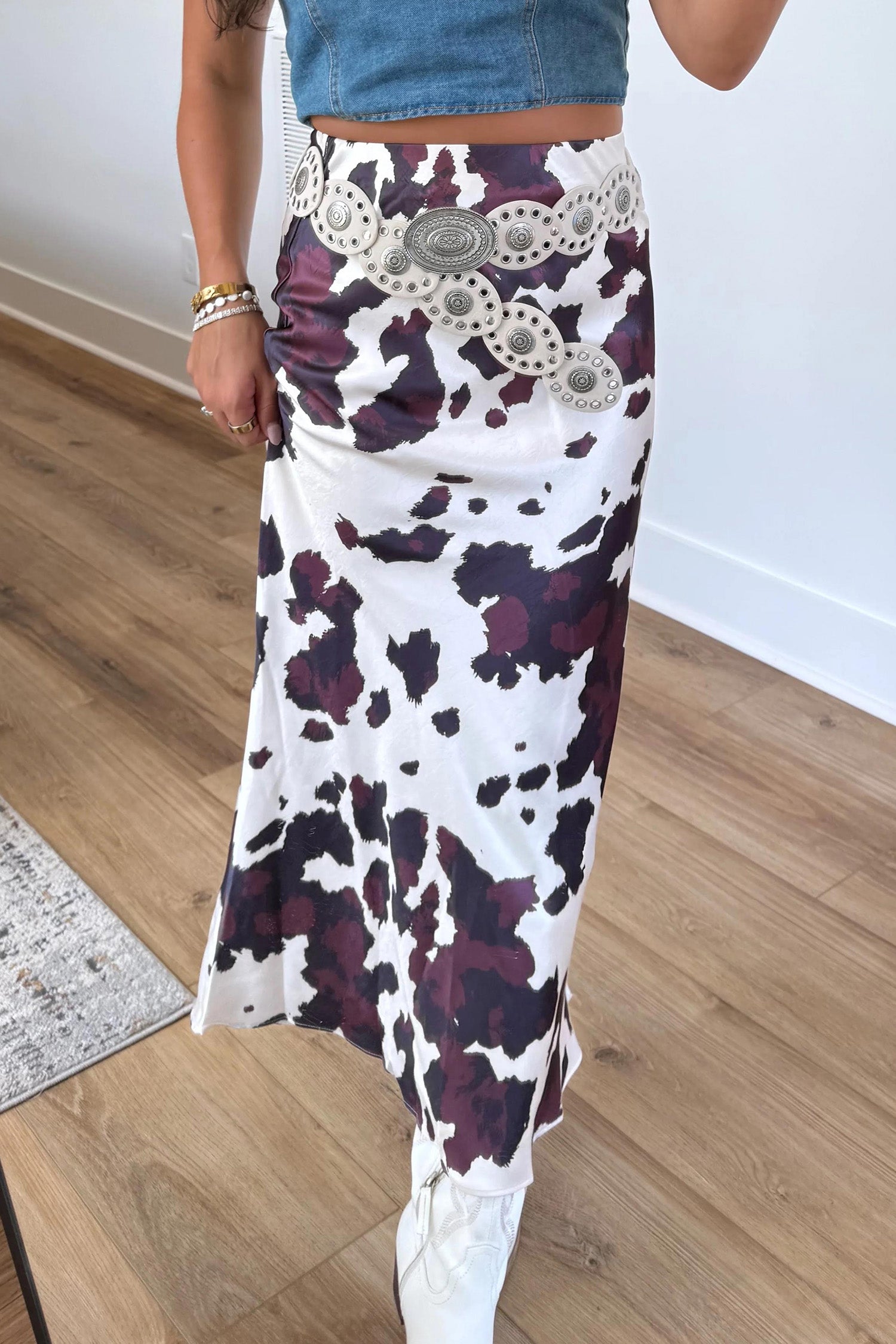 Brown Abstract Print Western Long Metal Zip-Up Waist Daily Wear Skirt
