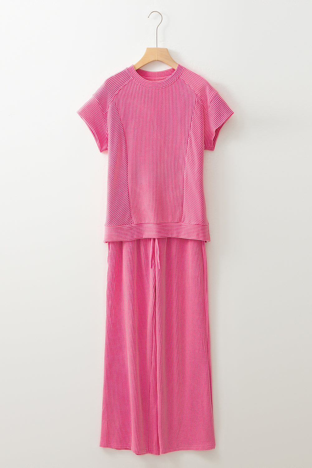 Bright Pink Solid Corded Short Sleeve T Shirt and Wide Leg Pants Set