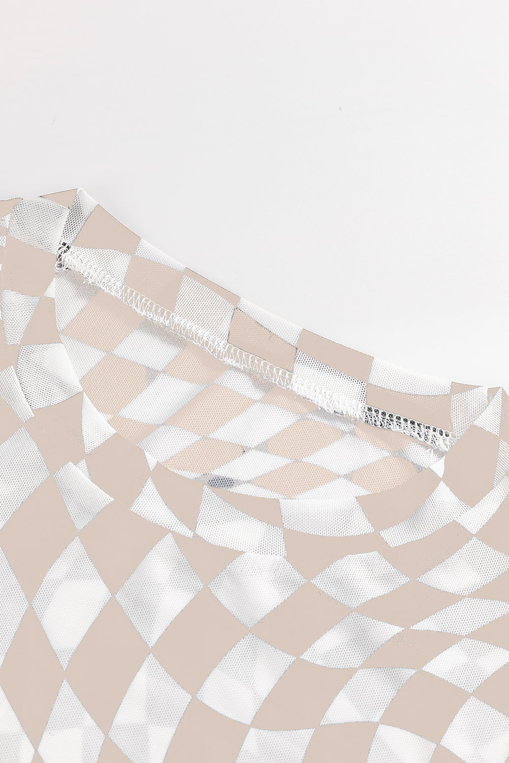 Khaki Checkered Pattern Mesh Long Sleeve Top