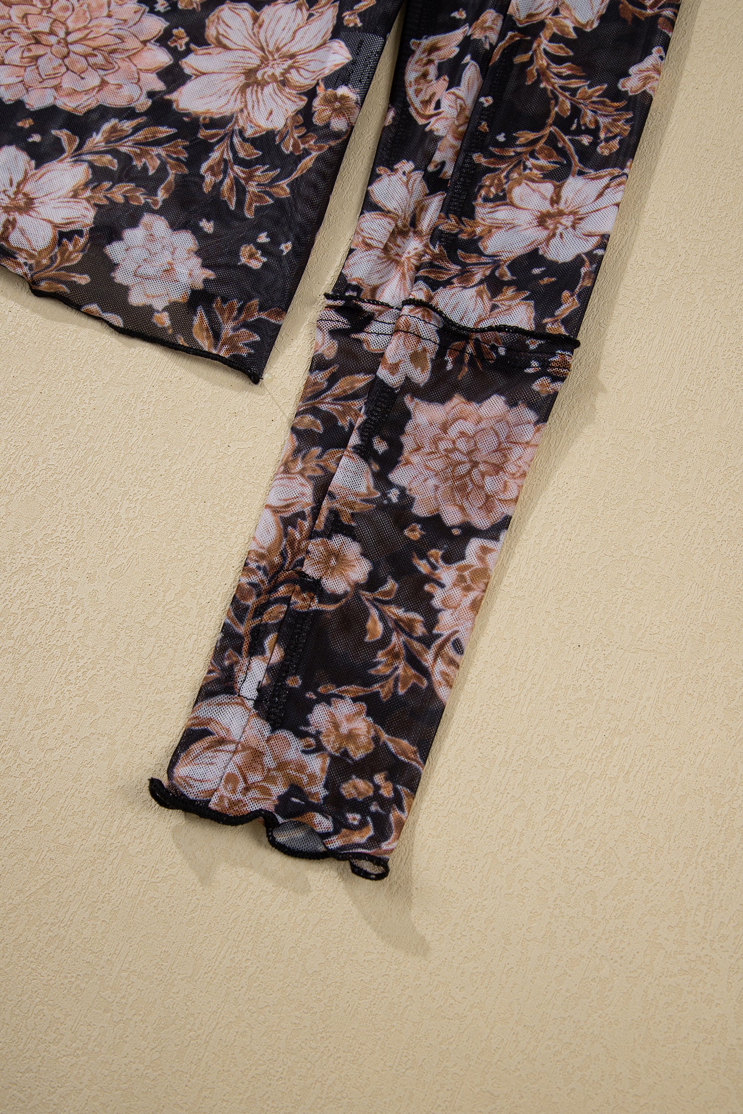 Black Floral Print Mesh Mock Neck Long Sleeve Top