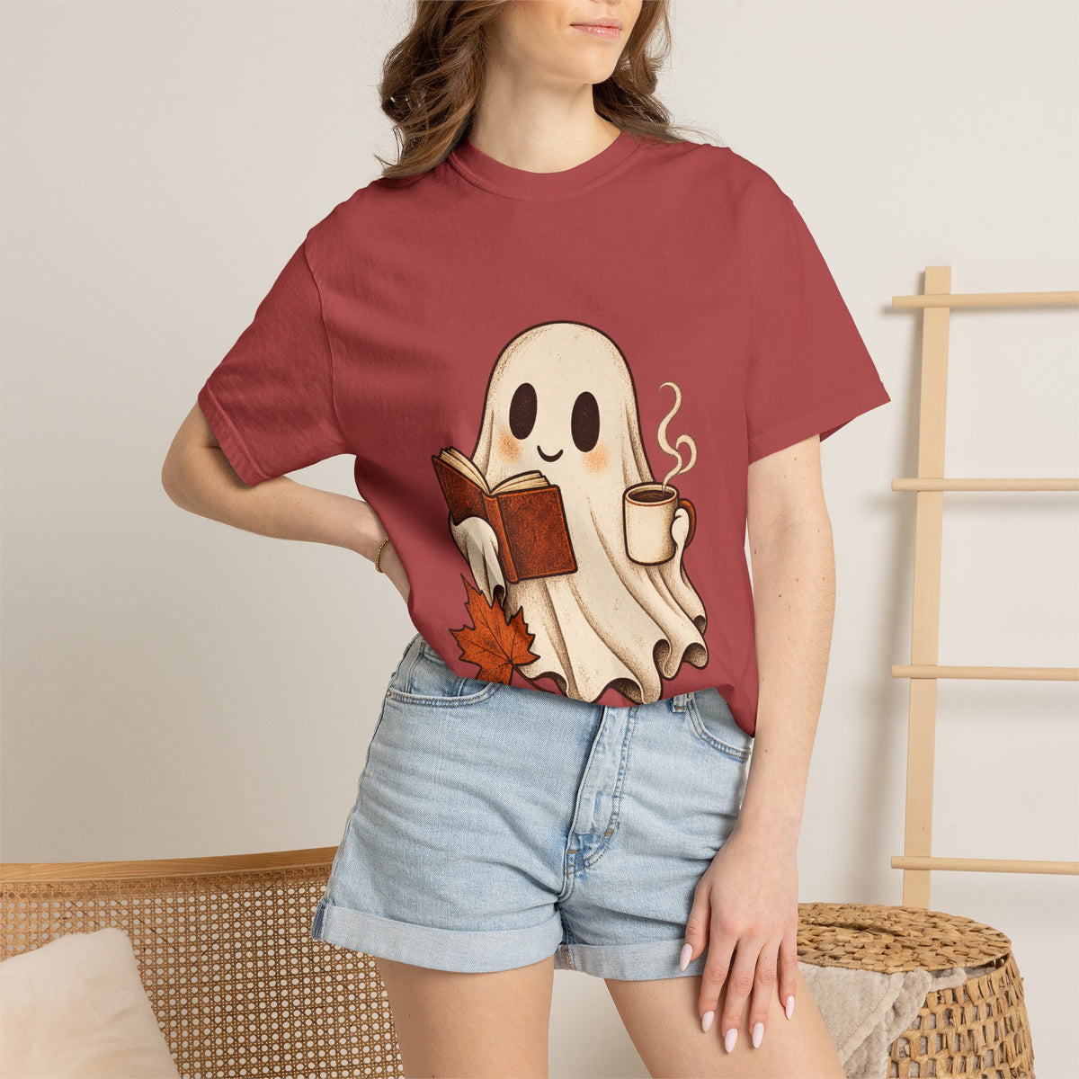Antrezil Cozy Reading Ghost Illustration T-shirt | Autumn Book Coffee,