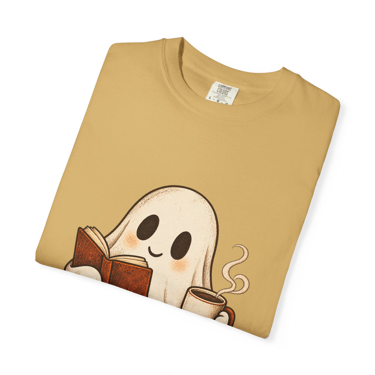 Antrezil Cozy Reading Ghost Illustration T-shirt | Autumn Book Coffee,