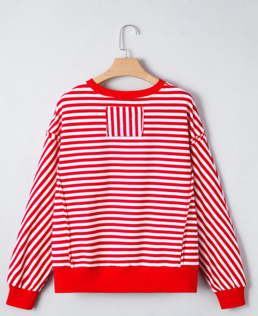 Red Striped Exposed Seam Drop Shoulder Long Sleeve Top Casual Blouses Womenswear